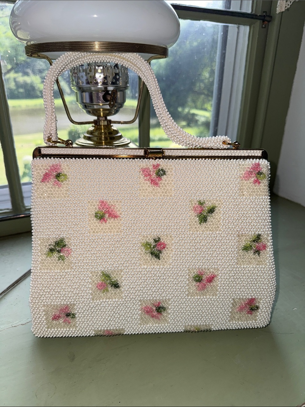 Lumured Vintage Beaded Cream Floral Top-Handle Bag